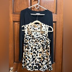 CAbi Cream Printed Sleeveless Collared Top and long black tunic. XSmall.